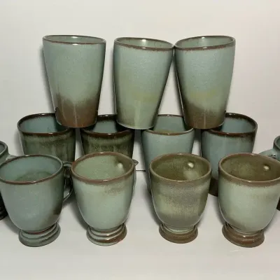 Frankoma Prairie Green Stoneware Drinking Cups & Pedestal Mugs 