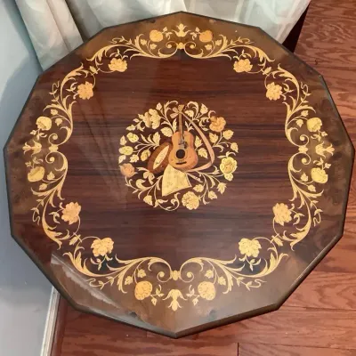 Italian Wood Floral  Inlaid Musical Table With Removable Glass Top