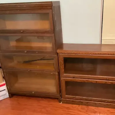 Oak Barrister Bookcases With Glass Front Lift Doors
