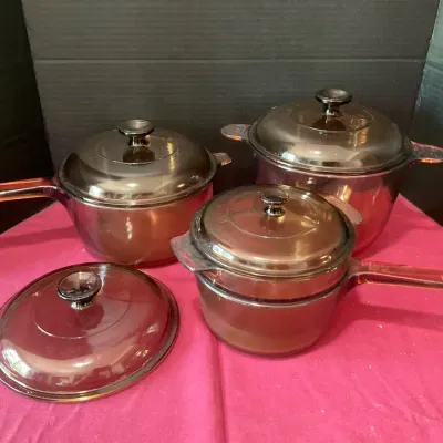 Pyrex Vision-ware Double Boiler, Stock Pot, Saucepan With Lid, And An Extra Lid