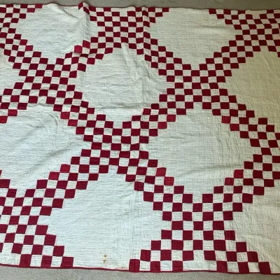 Vintage Hand Stitched Red White Double Irish Chain Quilt 64" x 76"