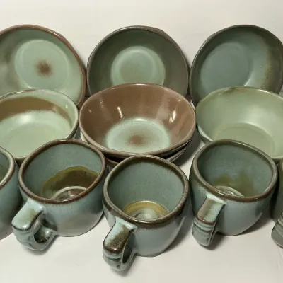 Frankoma Prairie Green Coffee Mugs & Small Bowls 