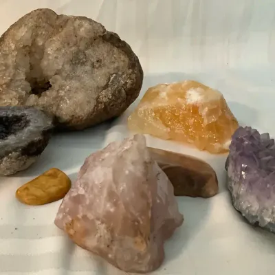 Amethyst, Quartz Geodes, Orange Calcite