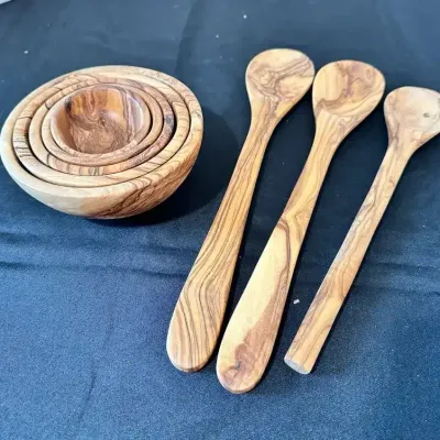 Hand Crafted Olive Wood Nesting Bowls With Spoons 