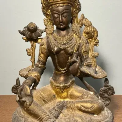 Green Tara Deity Brass Statue Tibetan Buddhism 8.25"h