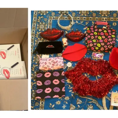 Assorted Lip Theme Items Including Decorations, A Bag, Books, And More