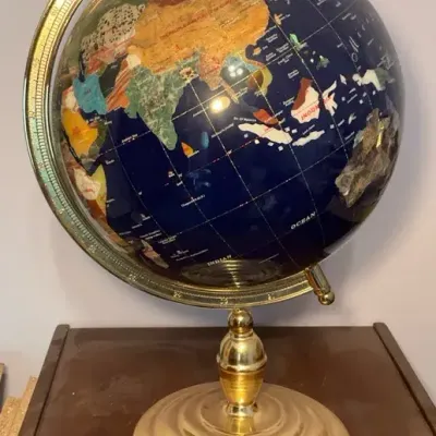  Vintage Blue Lapis World Globe With Semiprecious Gemstones 