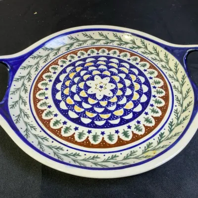 Polish Pottery Blue Rose Evergreen Round Serving Tray 12” 