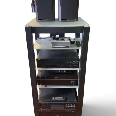 Audio Stand - B&W Speakers, Insignia Receiver, Yamaha Disk Player & More 