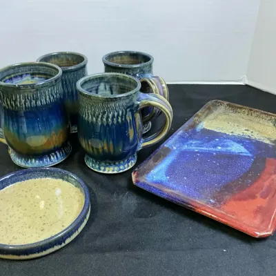 Glazed Pottery Mugs, Tray And Wine Coaster 