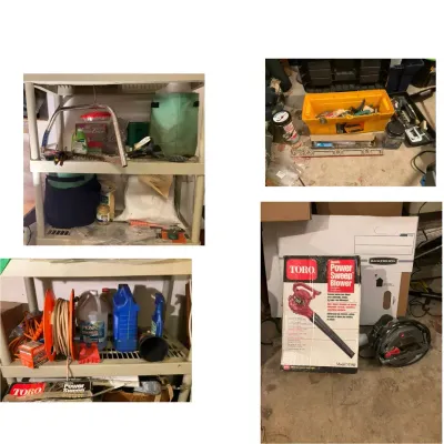 Variety Of Tools, Gardening, And Other Outdoor Supplies Such As A Saw, Hose Nozzle, And More