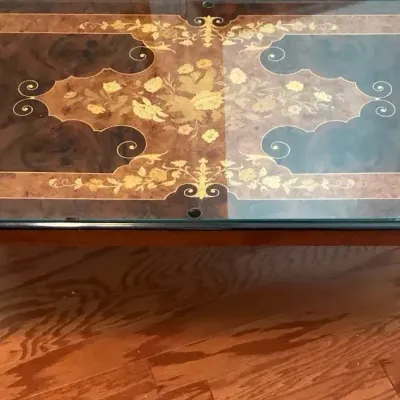 Vintage Italian Marquetry Wood Inlaid Coffee Table With Glass Top