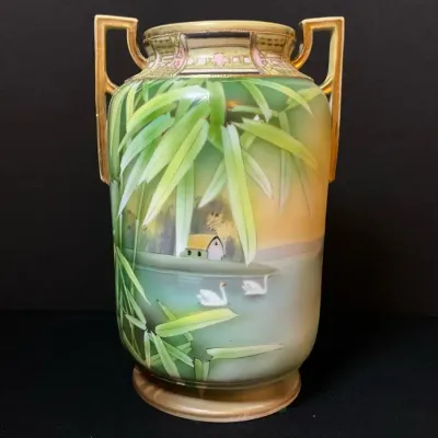 Nippon Hand Painted Twin Handled Porcelain Vase