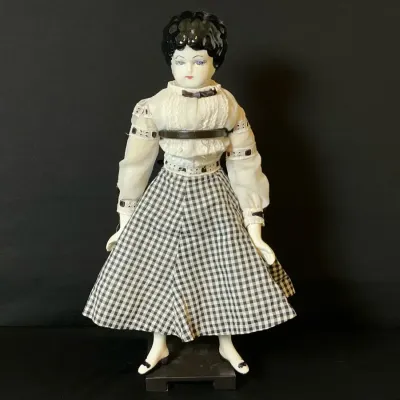 16” Inch Porcelain Head Doll With Gingham Skirt And Blouse