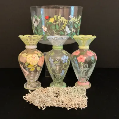 Hand Painted Bowl And Vases With Doily