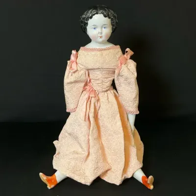 German China Head Doll In Peach Gown
