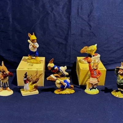 Royal Doulton Bunnykins Sports Figurines Lot of 8 w/ Boxes, Cheerleader Special Edition