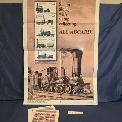 Vintage USPS Train Stamp Lot: 1987 Locomotives Poster & 1999 All Aboard! Sheets
