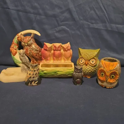 Vintage MCM Owl Collection - Alabaster, Art Pottery, Signed Buffalo Horn Owl, Coin Bank - 7pc