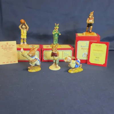 Royal Doulton Bunnykins Sports Figurines Lot of 6, 3 Boxes, Australian Exclusives, 2 W/COA