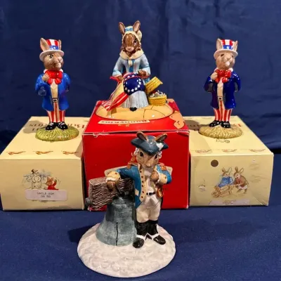 Royal Doulton Bunnykins Patriotic Collection – Liberty Bell, Betsy Ross & 2 Uncle Sam Figures w/ Box