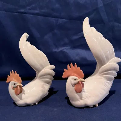 Lladro Rooster Figurine Pair - Matching White Roosters - 2 Pieces