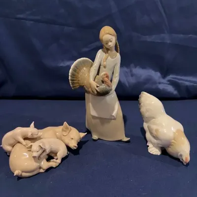 Lladró Farmyard Figurine Lot – Girl with Turkey, Hen & Pig Family – 3 Pieces
