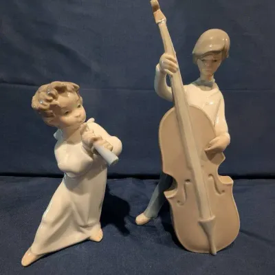 2 Retired Lladro Musician Figurines - Angel with Flute #4540 & Double Bass Boy #4615
