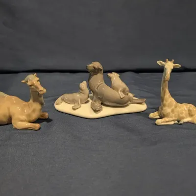 3 Retired Lladro Animal Figurines - Camel, Seal Family & Giraffe - No Boxes