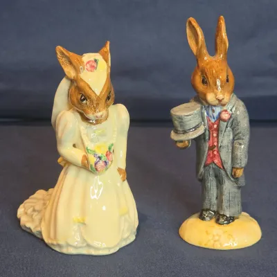 Vintage Royal Doulton Bunnykins "Bride & Groom" Porcelain Figurine Set (2pc)