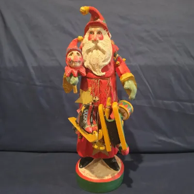 Vintage 1992 House Of Hatten Large 19" Folk Art Santa Figure W/ Toys & Jester