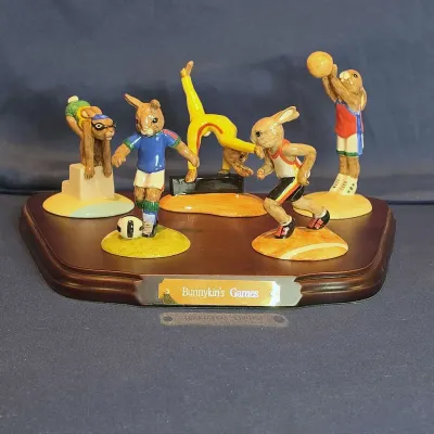 Royal Doulton Bunnykins Games Collection (5) w/ Wooden Stand, Boxes & COA