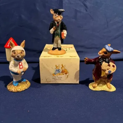 Royal Doulton Bunnykins Figurines – School Master DB60 w/ Box, Astro Bunnykins & The Artist DB13 (3)
