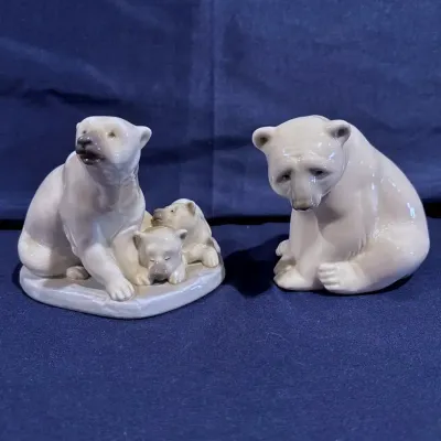 Lladro Polar Bear Figurines - Miniature Polar Bear #5434 and Seated Polar Bear #1209