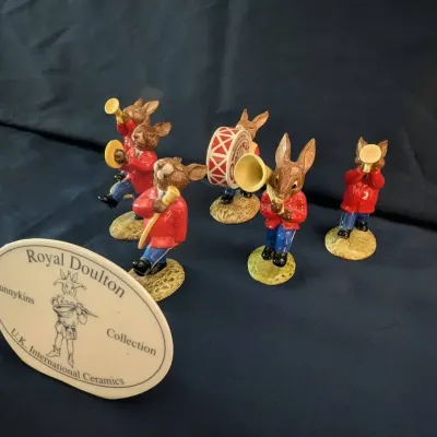 Royal Doulton Bunnykins Oompah Band 7-Piece Lot – Complete Band, Extra DB24 Trumpeter & Display Plaq