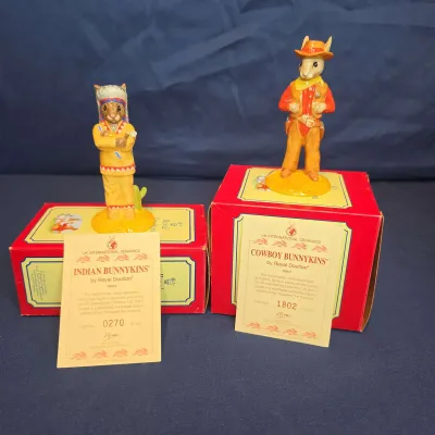 2 Royal Doulton Limited Edition Bunnykins Figurines - Cowboy & Indian w/ Boxes