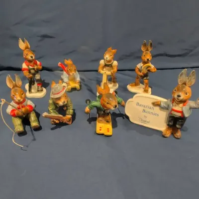 Vintage Goebel Bavarian Bunnies Figurine Collection (8) – Hunter, Fisherman, Skier & More