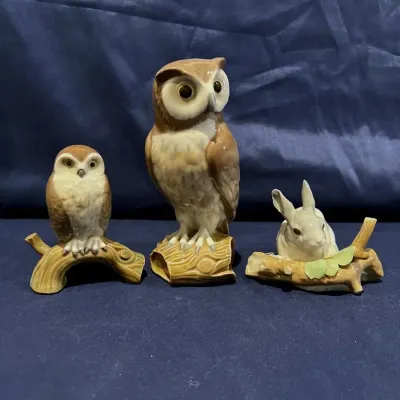 Lladro Woodland Animal Figurine Lot - Owls & Rabbit - 3 Pieces