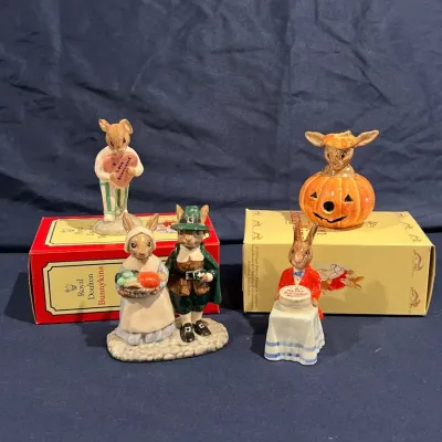 Royal Doulton Bunnykins Holiday Figurine Lot – Sweetheart, Halloween, Pilgrim & Happy Birthday