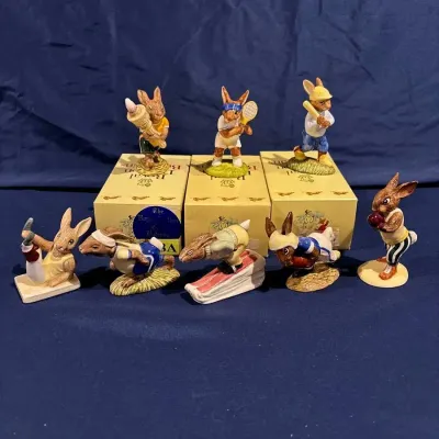 Royal Doulton Bunnykins Sports Figurines Lot of 8 w/ Boxes, Ace & Ice Hockey LE
