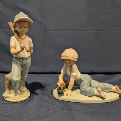 2 Retired Lladro Boys Figurines #7610 Can I Play & #7619 All Aboard