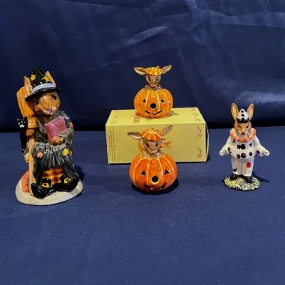 Royal Doulton Halloween Bunnykins Lot of 4 – Witching-Time, Clown & 2 Pumpkin Figures (1 w/ Box)
