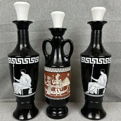 Greco-Roman Motif Black Glass Decanters (Set of 3)