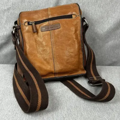 Fossil Brown Leather Crossbody Bag with Striped Canvas Strap