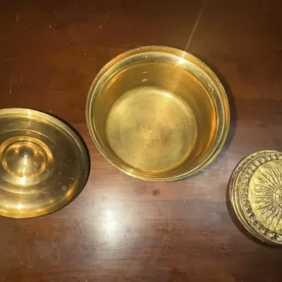 Floral Enameled Brass Lidded Bowl and Sunburst Coasters