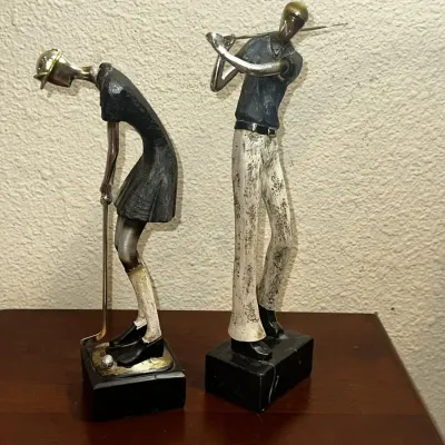 Pair of Vintage - Solightz Stylized Metal Golfer Figurines on Black Bases 