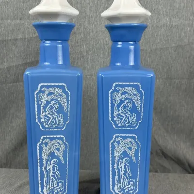 Pair of Wheaton Blue Glass Colonial Scene Decanters