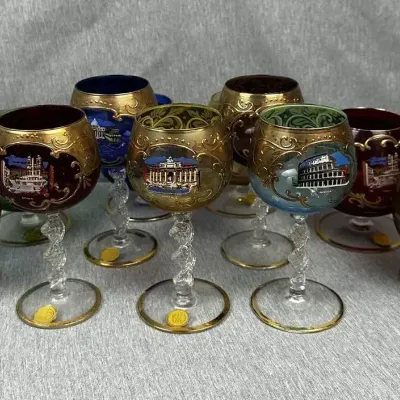 Gold-Gilt Italian Landmark Cordial & Brandy Glasses (10)