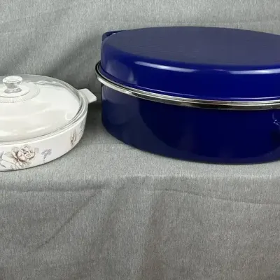 Home Beautiful Fire & Ice Serena Casserole & New Cobalt Blue Enamel Oval Roaster Pan with Wire Rack
