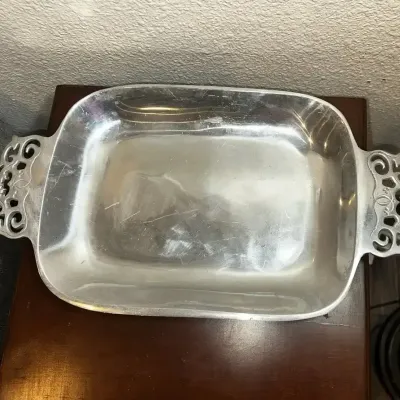 Ornate Silver-Tone Aluminum Serving Tray w/ Pierced Handles 